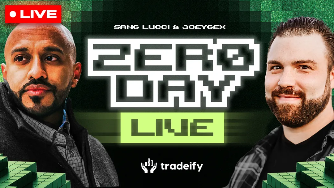 ZERODAY Live stream card: SangLucci and JoeyGEX either side of the pixel ZERODAY LIVE wordmark, with the Tradeify mark beneath.